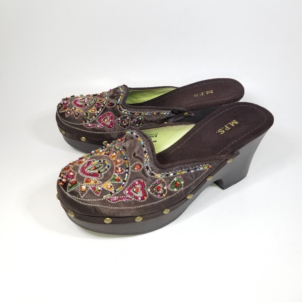 Y2K MPS Satin Beaded Clogs Brown sz 7.5 platform studded sequins chunky bohemian